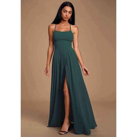 NEW Lulus Dreamy Romance Forest Green Backless Maxi Dress Size Medium NWT - Picture 1 of 6